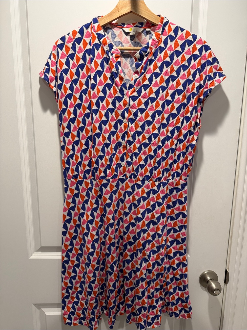 Boden Women's Geometric Cap-Sleeve Dress in Blue, Red & White